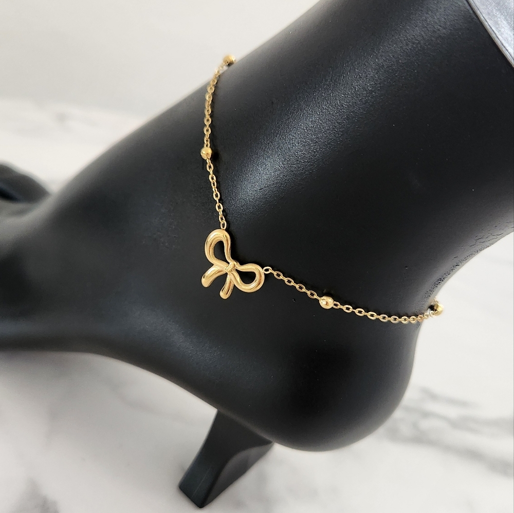 Gold Plated Bow Charm Beaded Chain Adjustable Dainty Anklet - Picture 8 of 12